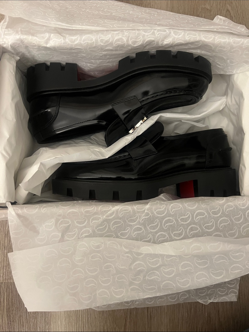 Christian Louboutin Black Patent Leather Loafers with Silver CC Accent